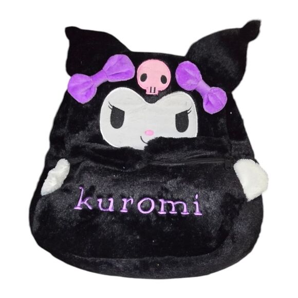 Hello Kitty Backpack Kuromi Embroidered Plush Furry Black 15" Book Bag Sanrio - Picture 7 of 14